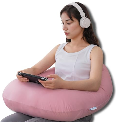 QUEEN ROSE Reading Pillow for Gaming, Lap Desk Pillow for Sitting in Bed or Sofa, Compact Arm Support Pillow for Reading, Playing or Crocheting, Cooling Pink