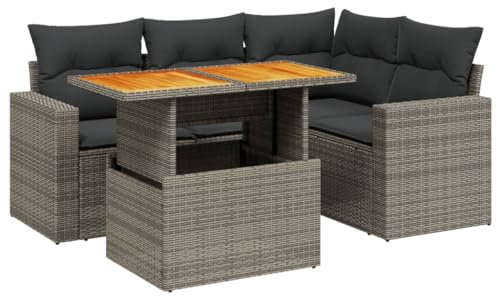vidaXL Garten Sofagarnitur mit Kissen 5-TLG., Gartenmöbel Gartengarnitur, Sitzgruppe Sitzgarnitur, Lounge Sofa Garnitur Terrasse, Grau Poly Rattan
