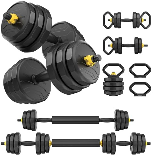 FEIERDUN 5-in-1 Adjustable Dumbbell Set 25kg,12-Side Anti-Roll,Home Gym Weight Set Barbell, Kettlebell & Push Up Stands for Full Body Workout,Space-Saving Strength Training for Men & Women