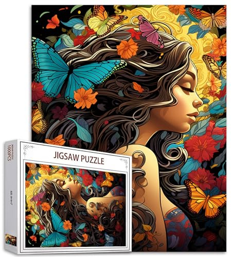 Afrique Noir Femme Puzzles 1000 Pièces pour Adultes, Familles (Sexy Girl, Fleurs, Papillon, Hortensia) Pièces S'Assemblent Parfaitement Assorti 19,7 pouces x 27,6 pouces Cheveux Bouclés Féminin