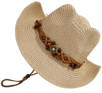 Guangcailun Stilvoller Western Cowboyhut, unverzichtbar für Sommerspaß, gemischte Strand Cowboyhüte für Damen, Stroh Cowboyhüte für Herren, Sonne, Khaki