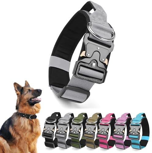 Ledeak Taktisches Hundehalsband mit Griff, Verstellbares Anti Zieh Breites Hunde Halsband Gepolstert, Dog Collar mit Metallschnalle erziehungshalsband für Hunde (Silber, XL)