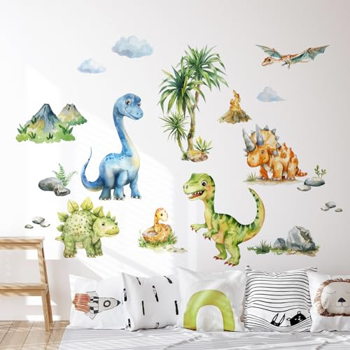 Tanlaby Wandtattoo Dschungel Dino Palme Baum Aquarell Dino | Aquarell Dino für Jungen Babyzimmer Kinderzimmer Spielzimmer