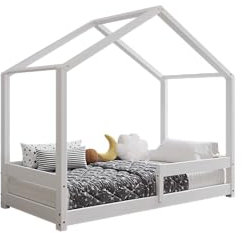 TIMBEE HUFIE - Kinderbett Holz - Hausform mit einfachen Geländern - Massive Struktur aus Naturholz - Langlebiges und Elegantes Design - Weiß - 70x140cm - 3cm Lange Beine