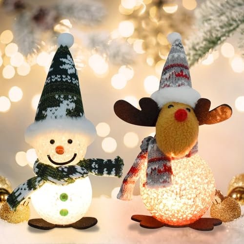 Skeadex Weihnachtsdeko innen,2 Stück Mini Schneemann Figur mit LED Licht Klein Elch Weihnachtsfiguren Beleuchtet LED Schneemann Deko Batteriebetrieben für Weihnachtsdeko Innen (B)