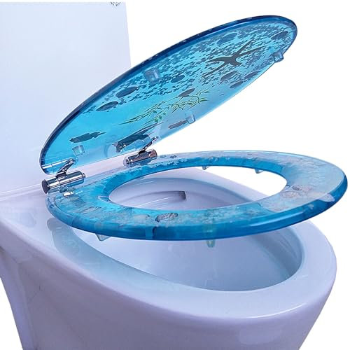 Ocean Series Kunstharz Toilettensitz mit verstellbaren Scharnieren, Muscheln gefüllter Deckel, verrutscht nie, für Badezimmerdekoration, einfache Installation und Reinigung