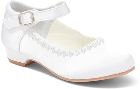 Girls' White Satin Mary Jane Shoes, Low Heel with Diamante Detail, Communion Wedding Party Special Occasion (White, UK2 Older Child)