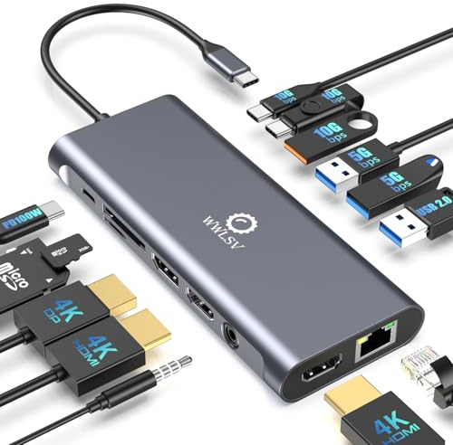WWLSV 14-in-1 USB C Hub Docking Station 3 Monitors Display, Dual 4K@60Hz HDMI & 4K DP (DP 1.4 Required), Multiport Adapter with 100W PD, USB 3.1, Ethernet, SD, Audio,for MacBook Dell HP Lenovo Surface