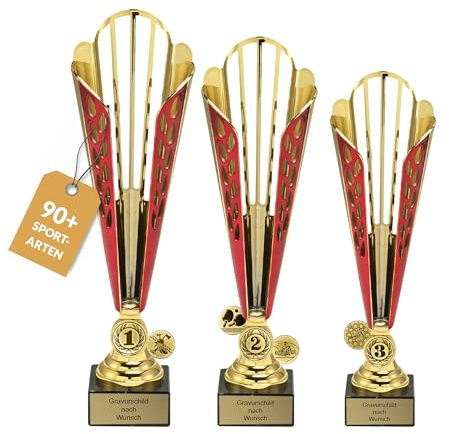 Pokal mit Gravur Wunschtext, Gold & Rot, Sportemblem nach Wahl | Personalisierte Auszeichnung für Fußball WM & Sport Events, inkl. Marmorsockel, Größen 32/33,5/35,5 cm