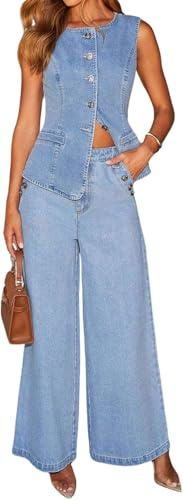 Conjunto de mezclilla de 2 piezas para mujer, chaleco de mezclilla sin mangas con botones, Top de mezclilla, camisa Y2k, pantalones vaqueros de pierna ancha, pantalones palazzo, trajes (Azul,L)
