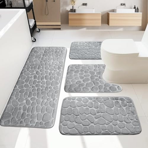 xiaozhifu Juego De 4 Alfombrillas Baño, Ultra Suave Alfombras para Baño Lavable a Maquina, Esponja de Memoria Alfombra BañO Absorbente, Antideslizante Alfombra de baño (Gris)