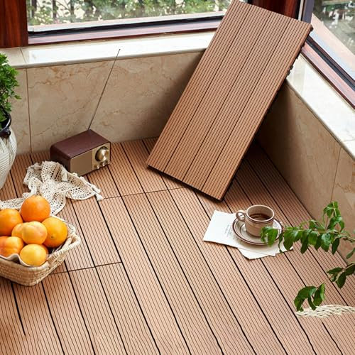 Bois Exterieur Dalles de Terrasse en Bois Composite avec Système d’Emboîtement Revêtement de Sol Extérieur Intérieur 30 x 60 cm Wood Color 10pcs