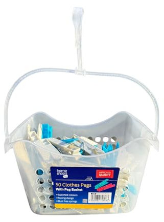 50 Large Clothes Pegs in Hanging Storage Basket for Washing Line Laundry Airer Strong Basket Garments Indoor/Outdoor Assorted Colours Pegs with Basket (Clear)