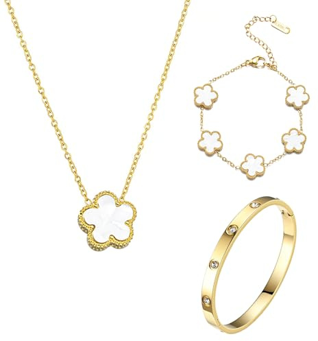GWAWG Ensemble de bijoux à quatre feuilles, collier plaqué or 18 carats, collier pendentif plaqué or 18 carats, bracelet en zircone cubique, cadeau pour femmes et filles, taille unique, Alliages