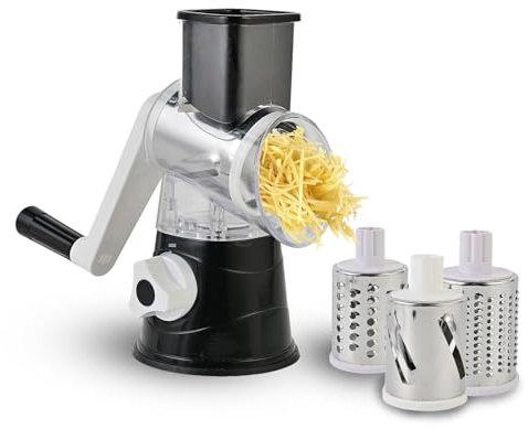 Rotary Cheese Grater, Vegetable Slicer with 3 Interchangeable Stainless Steel Drum Blades, Effortless Slicing and Dicing, 3-in-1 Handheld Vegetable Choppe for Cheese, Vegetables and Nuts(Black)