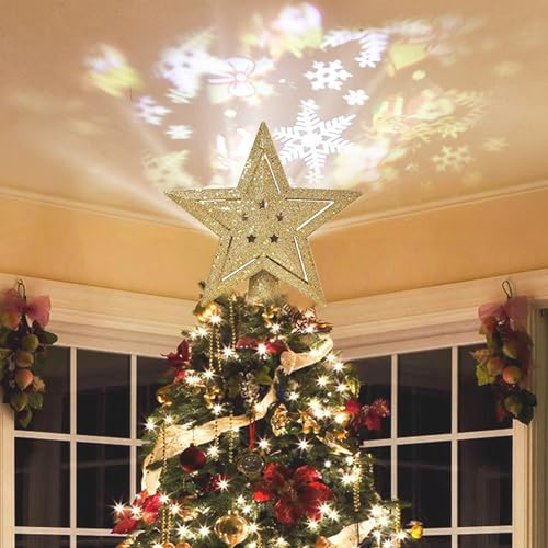 XUBX Proyector de Estrellas de Navidad con Luz LED Giratoria Incorporada, Proyección de 4 Imágenes Dinámicas en la Parte Superior del Árbol con Purpurina Dorada, para Decoración Nocturna del Árbol.