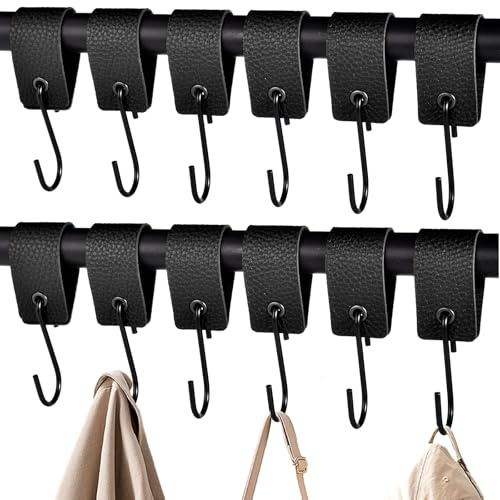 XHTXHT 12 Stück S Haken Schwarz mit Lederschlaufe,haken für Kleiderstange Haken Garderobenhaken Kleiderhaken Edelstahl für Fensterhaken Garderobe Küche Badezimmer Camping (Schwarz)