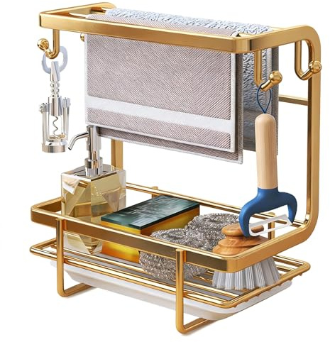 Schwammhalter Spülbecken mit Abtropfschale und Haken Multifunktionaler Spüle Organizer Wandmontage/Aufsatzmontage Spültuchhalter aus Metall für Küche, Bad, Balkon(Gold)
