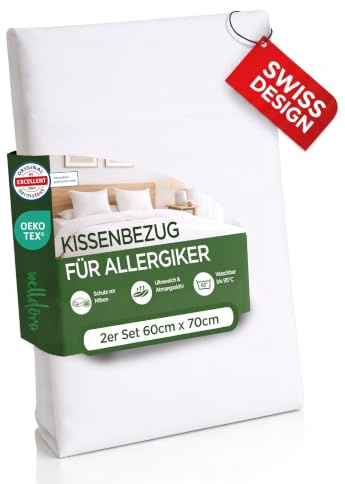 Welldora 2 Federe Antiacaro 60x70, Fodera Premium Antiallergica | Protezione antiacaro e anticimice | Testato dermatologicamente | Certificato Oeko-Tex | Lavabile a 95°C | Marchio Svizzero