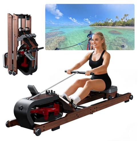 Rudergerät für Zuhause, Aeriflo Hochwertiges Faltbares Wasser Rudergerät aus Massivholz, mit Professionellem Bluetooth-Monitor mit Tablet-Halter & Komfortabler Sitz