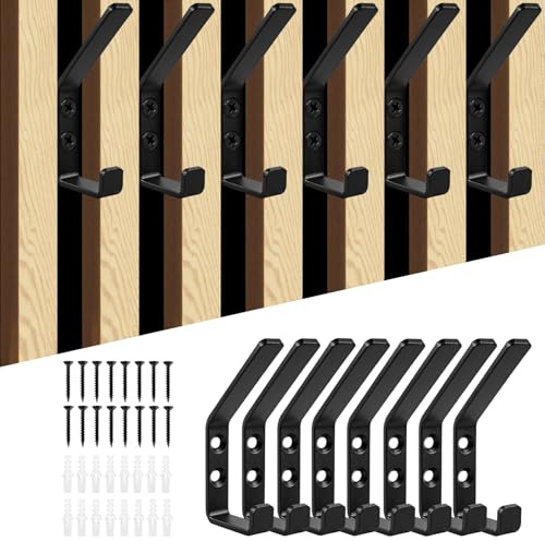 lompyeu 8 Stück Doppelter Garderobenhaken,Haken für Akustikpaneele,Kleiderhaken zum Schrauben, Schlafzimmer, Wohnzimmer, Badezimmer, Wandhaken für Garderobe, Jacken, Hut, Metall, Schwarz,13mm