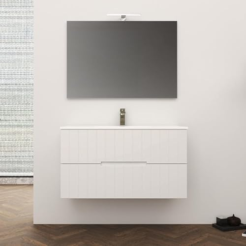 Yellowshop – Mobile Bagno Completo BEAR 100 cm in MDF PVC con Lavabo in Ceramica, Specchio 100×70 cm e Applique LED 30 cm – 2 Cassettoni Soft-Close – Bianco Opaco