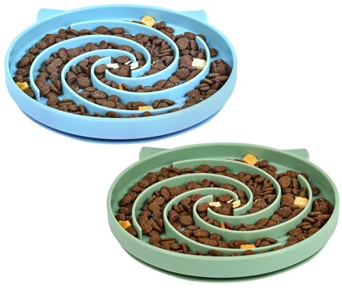 Alaoo Antischlingnapf Katze, Slow Feeder Katzen Anti-Rutsch, grün+Seeblau | Gesundheitsförderndes Design, Ultra-Dauerhaft & Leicht zu Reinigen Hundenapf Futternapf für Katzen Kleine Hunde