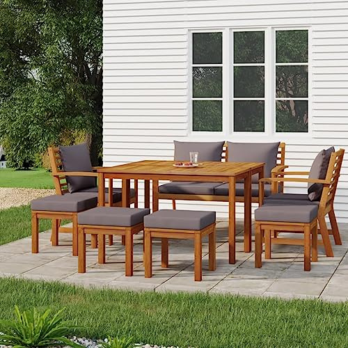 Massbinet Garten Essgruppe Gartensofa Set Gartenmöbel Lounge-Set Sitzgruppe mit Tisch Outdoor Essgruppe Massivholz Akazie Dunkelgrau (Bank + 2X Stuhl + 4X Fußstütze + 2X Tisch)