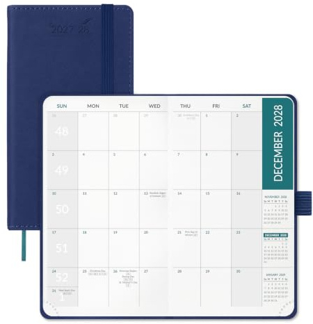 BEZEND Pocket Diary 2027-2028 Month to View Hardback Slim 16.8 x 9.5 cm | 2-Year Monthly Planner (Jan 27-Dec 28) with Note Pages, 100 GSM Paper. Palm-Size for Travel & Work, PU Leather, Blueberry
