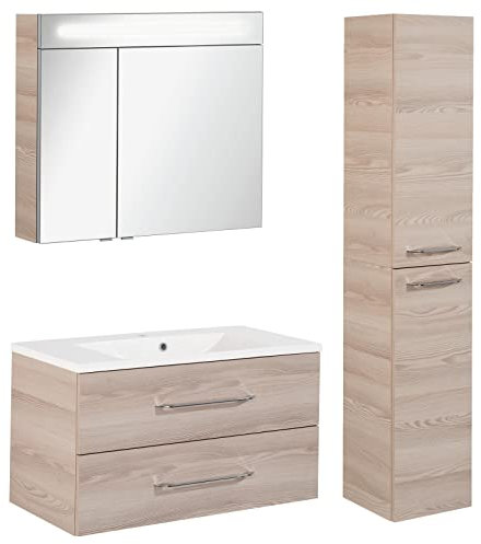 FACKELMANN Badmöbel Set B.Clever 3-TLG. 90-120 cm esche mit Waschtisch Unterschrank inkl. Gussmarmorbecken & Hochschrank & LED Spiegelschrank