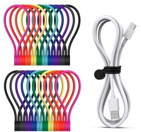 Smart&Cool Reusable Magnetic Cable Ties for Bundling and Organizing Holding Stuff, Headphone Cables, USB Charging Cords, Whiteboard Fridge Magnets, Silicone Cord Winder 10 Colors - 20 Pack