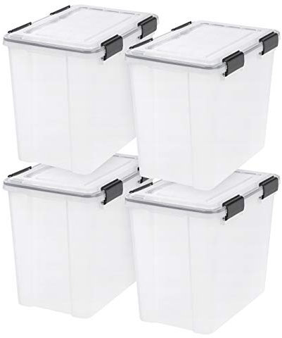 IRIS USA WeatherPro 32 Qt Storage Bins with Lids, 4 Pack, BPA-Free Plastic Gasket Box with Tight Latch and Seal, Stackable Nestable Tote Tub - Clear/Black