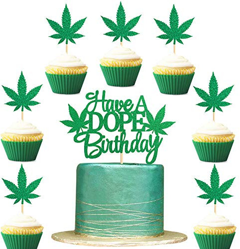 25 Pcs Pot Feuille Cupcake Topper Set Inclus Avoir un gâteau d'anniversaire dope pour baby shower mariage fête d'anniversaire fournitures