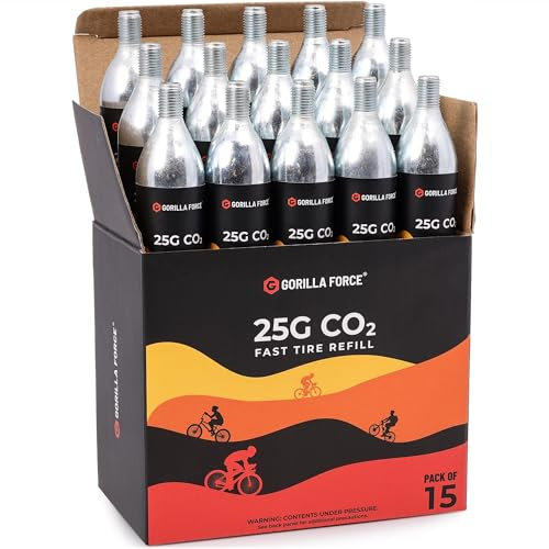 Gorilla Force 25g CO2 Cartridges for Bikes - Threaded Refills for Tire Inflators, Bicycle Cycling, Road MTB Gravel E-Bike, Fits Most C02 Inflator Heads, Fast Flat Repair for Tubes & Tubeless, 15 Pack