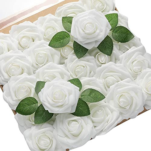 WANGZAIZAI 25 Stück Künstliche Rosen Blumen Schaumrosen Foamrosen Kunstblumen Rosenköpfe Gefälschte Kunstrose Rose DIY Hochzeit Blumensträuße Braut Dekoration (Weiß)