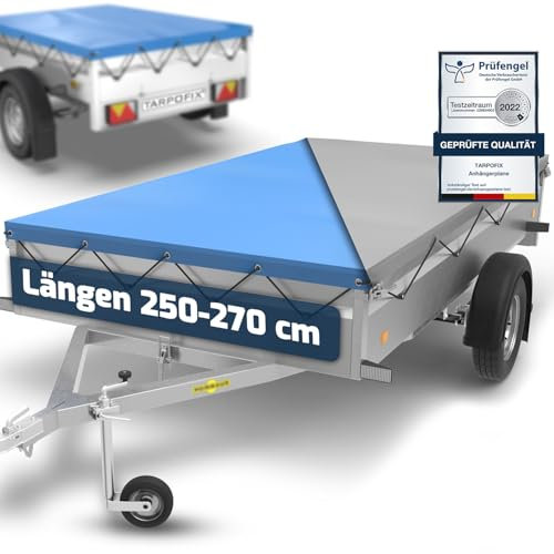 Tarpofix® Anhängerplane 258 x 136 cm mit Planenseil | PVC Flachplane | Humbaur Anhängerplane verstärkt für PKW Anhänger 1300 kg | Schutzplane für Anhänger max