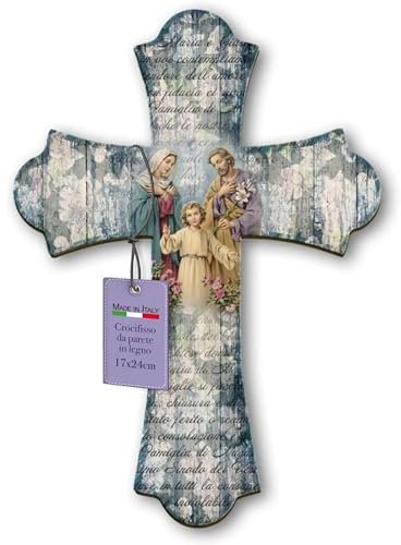 FRATELLI BONELLA - Crocifisso da Parete in Legno di Pioppo Raffigurante La Sacra Famiglia - Crocifisso Vintage 17x24 cm - Crocifisso Legno 100% Made in Italy