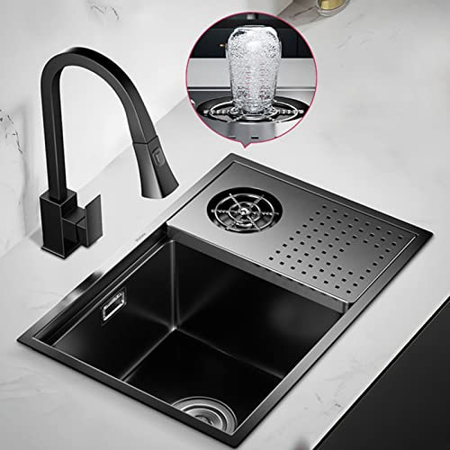HGTRH Fregadero Cocina Bajo Encimera INOX, Fregadero Negro sobre Encimera con Escurridor, Fregadero Acero Inoxidable con Arandela De Vaso, Multifuncional Invisible Fregaderos