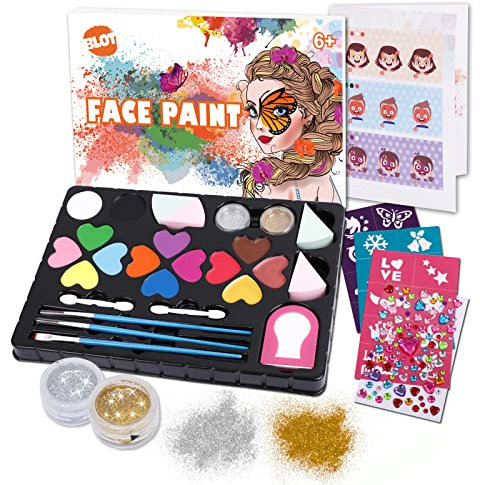 Kinderschminke Set 14 Farben Professionelle Schminkfarben Mädchen mit Pinsel Schablonen Glitzer Kinder Gesichtsfarben für Fasching Weihnachten Karneval