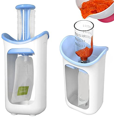 Squeeze-Station, Babynahrung Squeeze Püree Filler, Wiederverwendbare Beutel-Füllstation für Selbstgemachte Babynahrung, Fruchtpüreepresse mit 10 Beuteln, Nahrungsmittelhersteller (Blau)