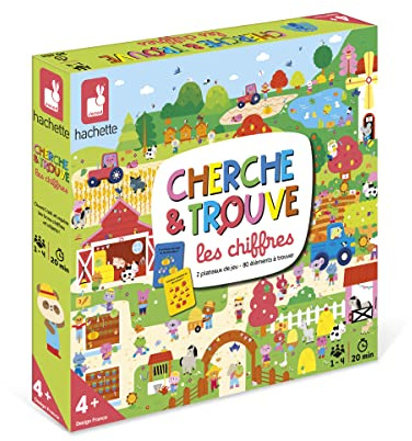 Janod, Cherche et Trouve Les Chiffres, Jeu de Société Enfant Dès 4 Ans | Jeu d'Observation en Français, Chiffres Jusqu'à 9 et Calcul, Plateau Recto-Verso, 80 Cartes, 9 Jetons, De 1 à 4 joueurs