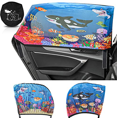 iZoeL Sonnenblende für Auto, Baby, 2 Stück, für Kinder, 90 cm x 50 cm, Socken für Autofenster + Aufbewahrungstasche, Universalgröße, elastisch – Schutz vor Schädlingen und Sonne und UV
