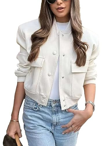 Megfie Womens Cropped Bomber Jacket Button Down Varsity Jackets Shackets With Pockets(0394-Beige-L)