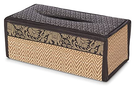 Kitama Kosmetiktücherbox Schwarz/Silber Taschentuchbox Bast Elefantenmuster | Hand-Made in Thailand: Tuchspender für Papiertücher & Tissues. Handgewebte Tissuebox als Asien-Dekoration für Spa & Hotel