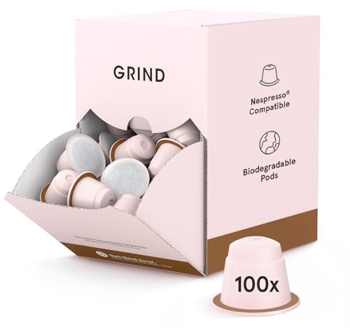 Grind Decaf Dark Coffee Pods – Pack of 100 Biodegradable Capsules – Naturally Decaffeinated – Nespresso® Original Compatible – Home Compostable – Barista Quality and Specialty Grade – Dark Roast