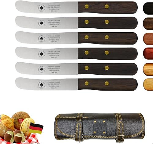 Solingen Messer 6er Set inkl. hochwertiger Ledertasche, edler Holzgriff, Premium Buckelmesser, Frühstücksmesser, Brötchenmesser, rostfreie Klinge, extra scharfes Küchenmesser