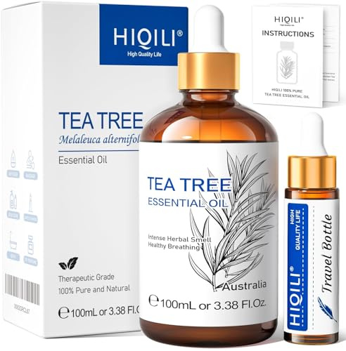 HIQILI Teebaumöl, 100% Natürlich, Geeignet Für Haut, Haare Und Zehennägel, Kann Shampoos, Duschgels Und Sprays Beigemischt Werden – 100 ml | Zum Hinzufügen in Diffusor, Shampoo, Duschgel oder Spray – 100 ml