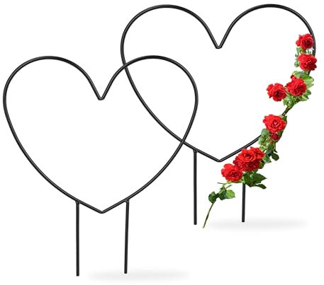 Relaxdays Supporto per Piante Rampicanti a Forma di Cuore, Set da 2 Sostegni per Rose, HLP: 32x25x0,5 cm, Metallo, Nero