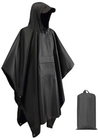 SUVEK Regnponcho för män och kvinnor, regnjacka med huva 3 i 1, regnponcho vattentät återanvändbar, multifunktionell regncape vattentät vuxen för camping, svart, L