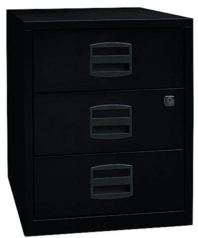 Bisley Home Beistellschrank auf Rollen mit Schloss aus Stahlblech, 3 Universal-Schubladen abschließbar - Büroschrank für DIN A4 Dokumente, Kleinteile & Büromaterial - Farbe: schwarz